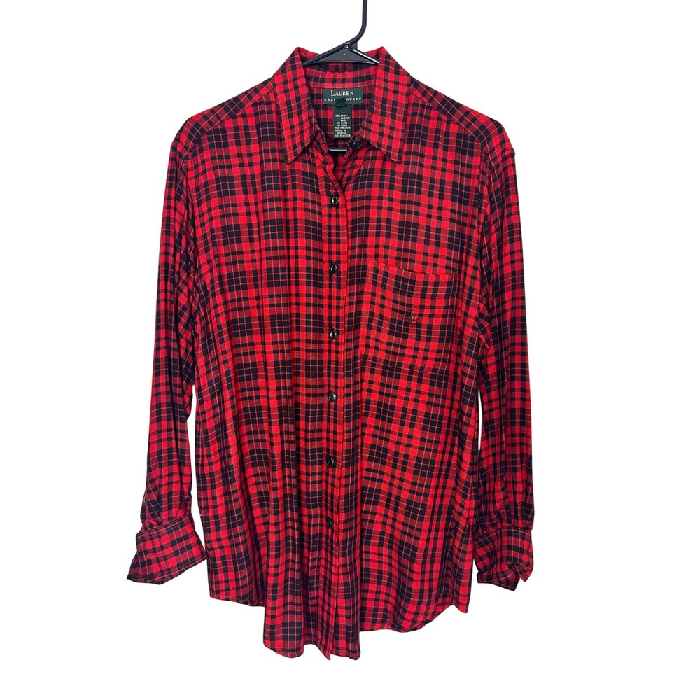 Lauren Ralph Lauren Plaid Shirt Women M Red Black Rayon lumberjack fall Logo